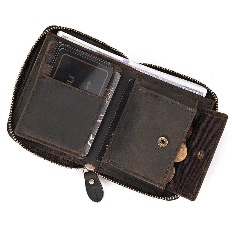 Crazy Horse Leather Wallet Men Women Coin Purse with Zipper - VacationGrabs