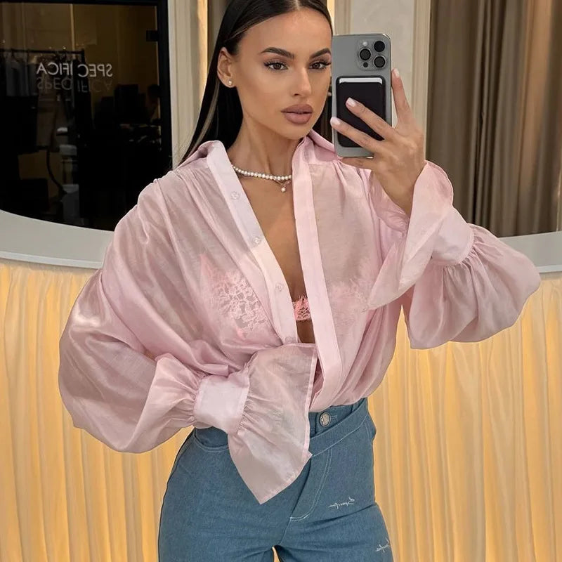 VacationGrabs Women Button Down Shirt Lightweight Loose Fit Casual Stylish Sheer Solid Color Turn Down Collar Lantern Long Sleeve Tops