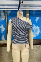 VacationGrabs Asymmetrical One Shoulder Ruched Casual Draped Top Women Y2K Striped Off Shoulder T-Shirt Short Sleeve Cinched Waist Top