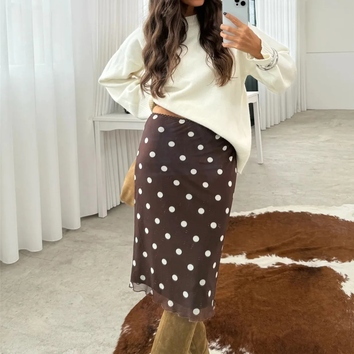 VacationGrabs Womens Casual Midi Skirt Elegant Polka Dot Print Bodycon Pencil Skirt for Party Workout Daily Wear Summer Y2K Streetwear