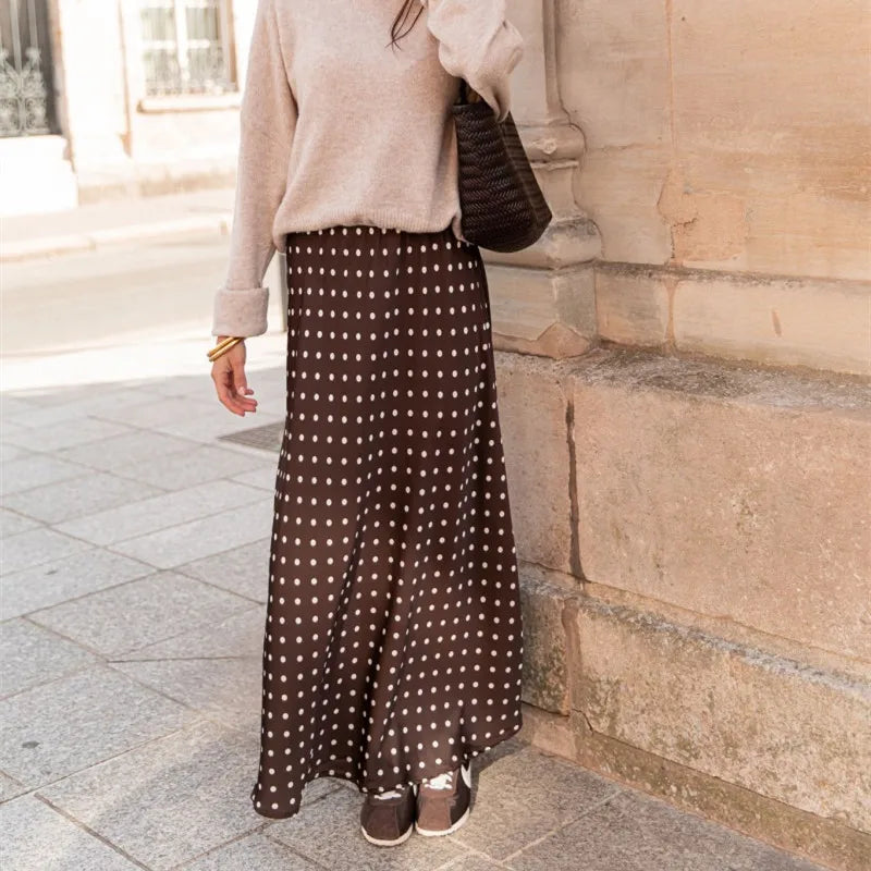 VacationGrabs Women Polka Dot Maxi Skirt Elegant Ladies Bodycon A Line Flare Long Skirts Cute Print Flowy Maxi Satin Skirt Dress