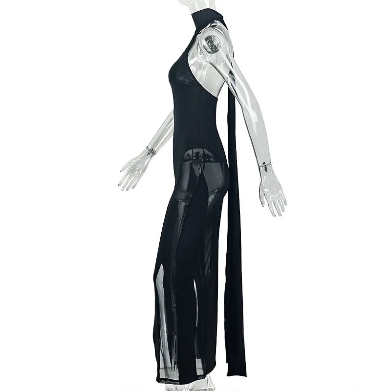 VacationGrabs Sexy Women Backless Halter Mesh See Through Maxi Dress Long Ribbon Tie Back High Split Slim Fit Bodycon Party Long Gown