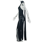 VacationGrabs Sexy Women Backless Halter Mesh See Through Maxi Dress Long Ribbon Tie Back High Split Slim Fit Bodycon Party Long Gown