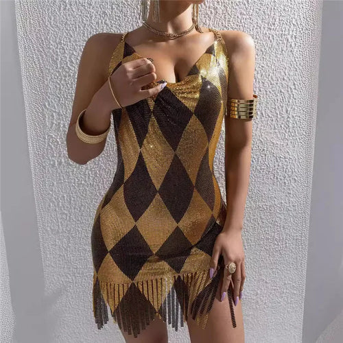 hirigin Women Rhombus Sparkly Rhinestone Mesh Mini Dress Chain Halter Backless Fringe Hem Bodycon Dress Nightclub Party Clubwear