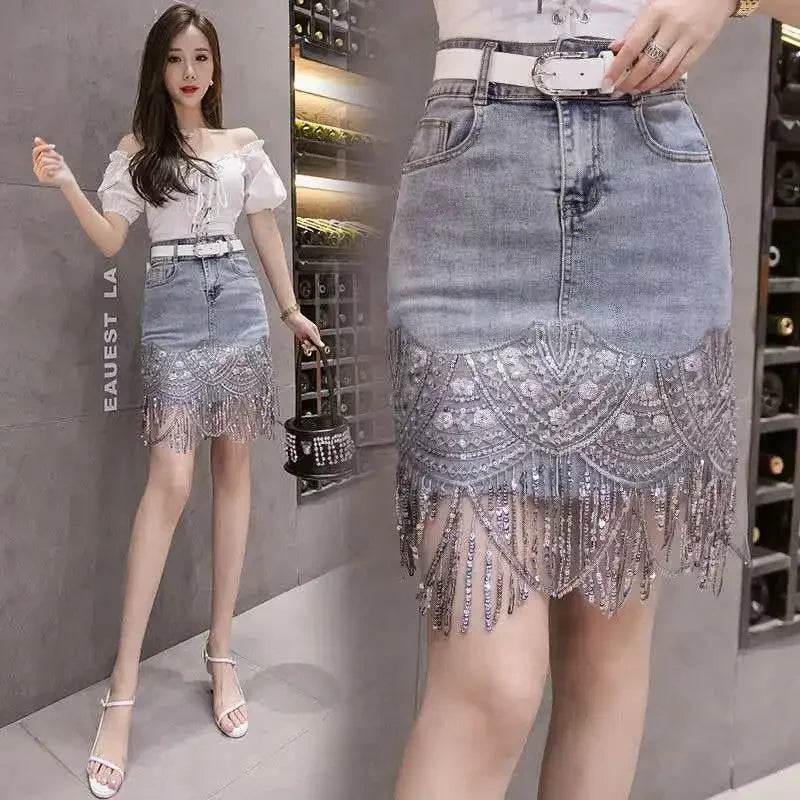 Sequins Embroidery Jeans Skirt Women Elegant High Waist Sequin Fringe Skirt - VacationGrabs