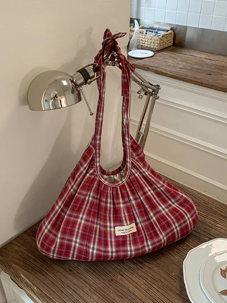 Women's Plaid Pleated Polyester Shoulder Bag, Casual Travel