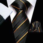Men's black and gold striped tie, perfect for learning how fold a pocket square