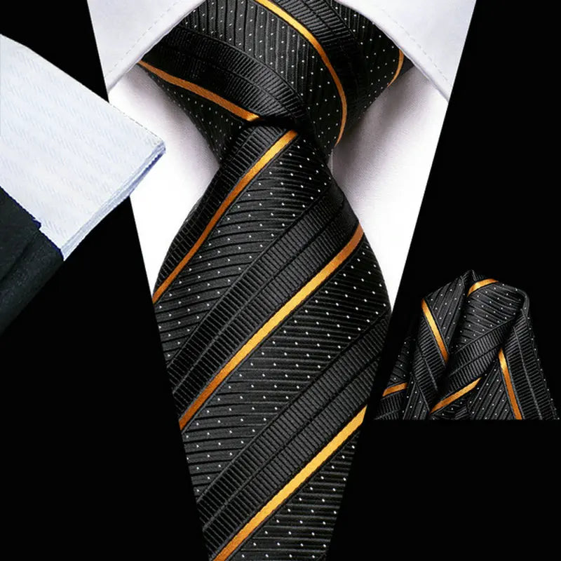 Men's black and gold striped tie, perfect for learning how fold a pocket square