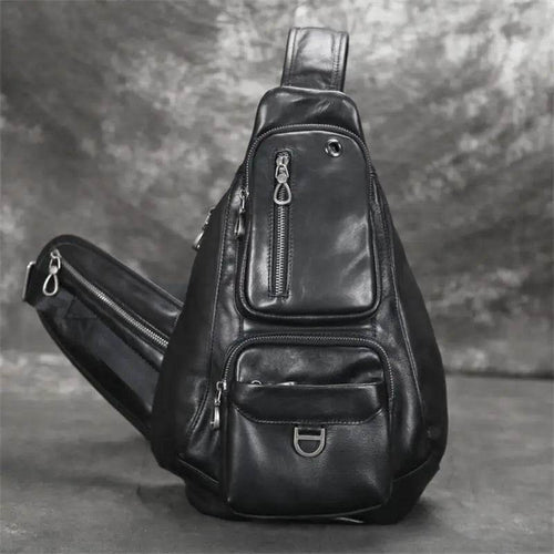 Genuine Leather Men Chest Bag Single Shoulder Sports Riding Bag - VacationGrabs