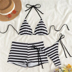 VacationGrabs Women Striped 3 Piece Bikini Set Halter Triangle Top Side Tie Bikini Bottom With Cover Up Shorts Swimsuit Summer Beach