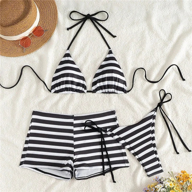 VacationGrabs Women Striped 3 Piece Bikini Set Halter Triangle Top Side Tie Bikini Bottom With Cover Up Shorts Swimsuit Summer Beach
