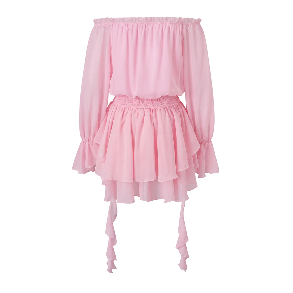 VacationGrabs Elegant Off Shoulder Flare Long Sleeve Chiffon Mini Dress Women Elastic Waist Tiered Ruffle Beach Vacation Short Dress