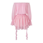 VacationGrabs Elegant Off Shoulder Flare Long Sleeve Chiffon Mini Dress Women Elastic Waist Tiered Ruffle Beach Vacation Short Dress