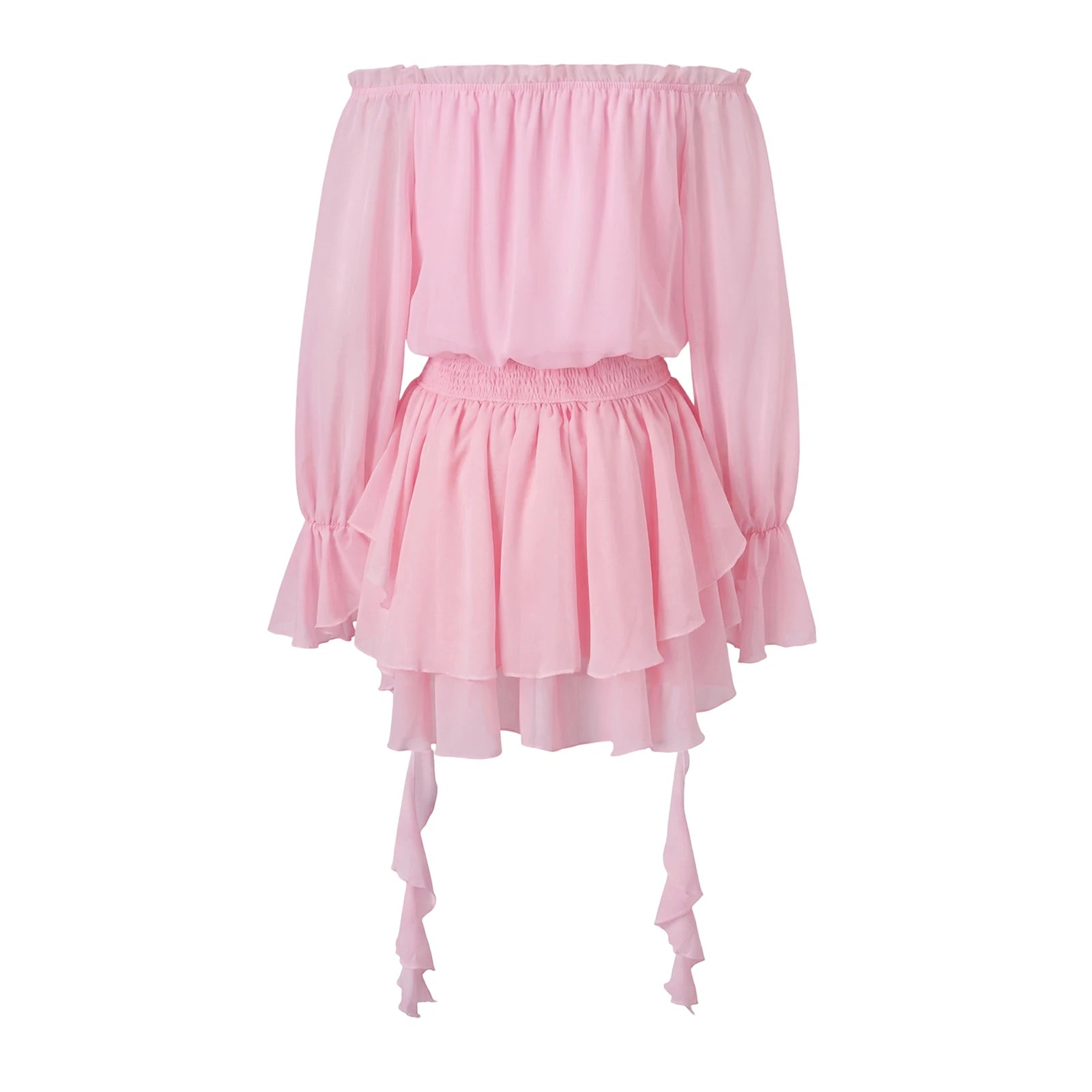 VacationGrabs Elegant Off Shoulder Flare Long Sleeve Chiffon Mini Dress Women Elastic Waist Tiered Ruffle Beach Vacation Short Dress