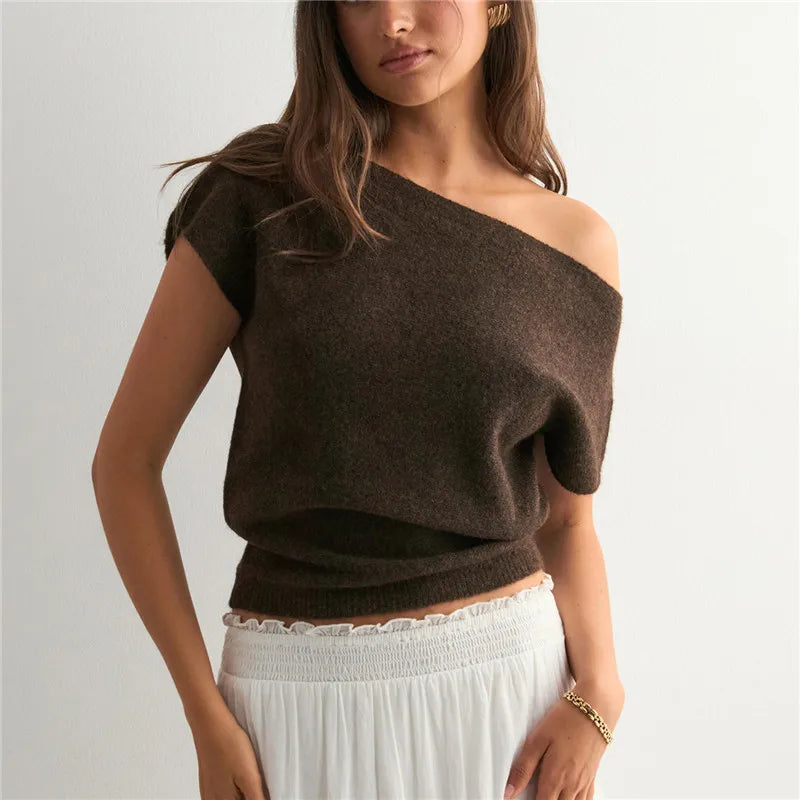 VacationGrabs Off Shoulder Short Sleeve Knit T-Shirt Women Casual Loose Elegant Female Solid Sexy Knit Pullover Top Tees Outerwear