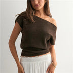 VacationGrabs Off Shoulder Short Sleeve Knit T-Shirt Women Casual Loose Elegant Female Solid Sexy Knit Pullover Top Tees Outerwear