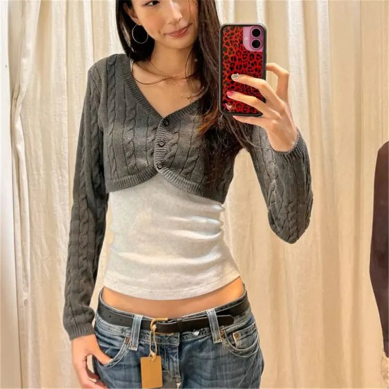 VacationGrabs Women Y2K Cable Knit Cropped Bolero Cardigan V Neck Button Long Sleeve Super Short Knit Shrug Sweater Outerwear Tops