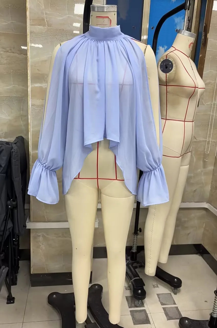 VacationGrabs Minimalist Solid Cold Shoulder Chiffon Blouse Mock Neck Back Tie Split Flare Sleeve Loose Irregular Hem Daily Shirt