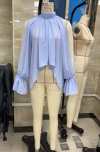 VacationGrabs Minimalist Solid Cold Shoulder Chiffon Blouse Mock Neck Back Tie Split Flare Sleeve Loose Irregular Hem Daily Shirt
