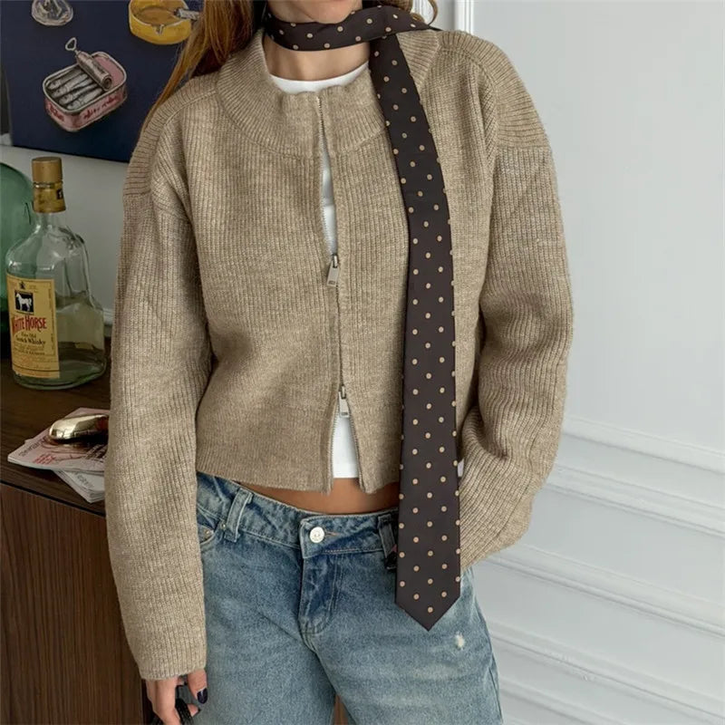 VacationGrabs Women Ribbed Knit Cropped Zip Up Cardigan Crew Neck Double Zipper Long Sleeve Loose Fuzzy Sweater Jacket for Winter