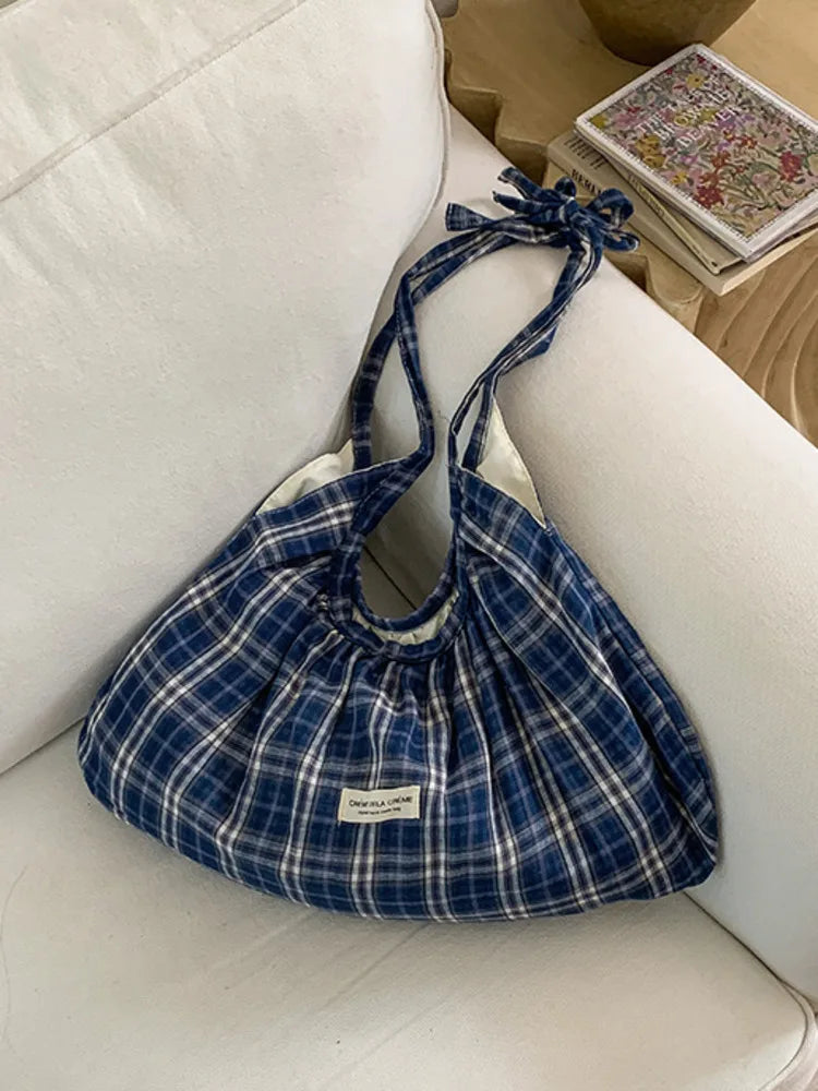 Women's Plaid Pleated Polyester Shoulder Bag, Casual Travel