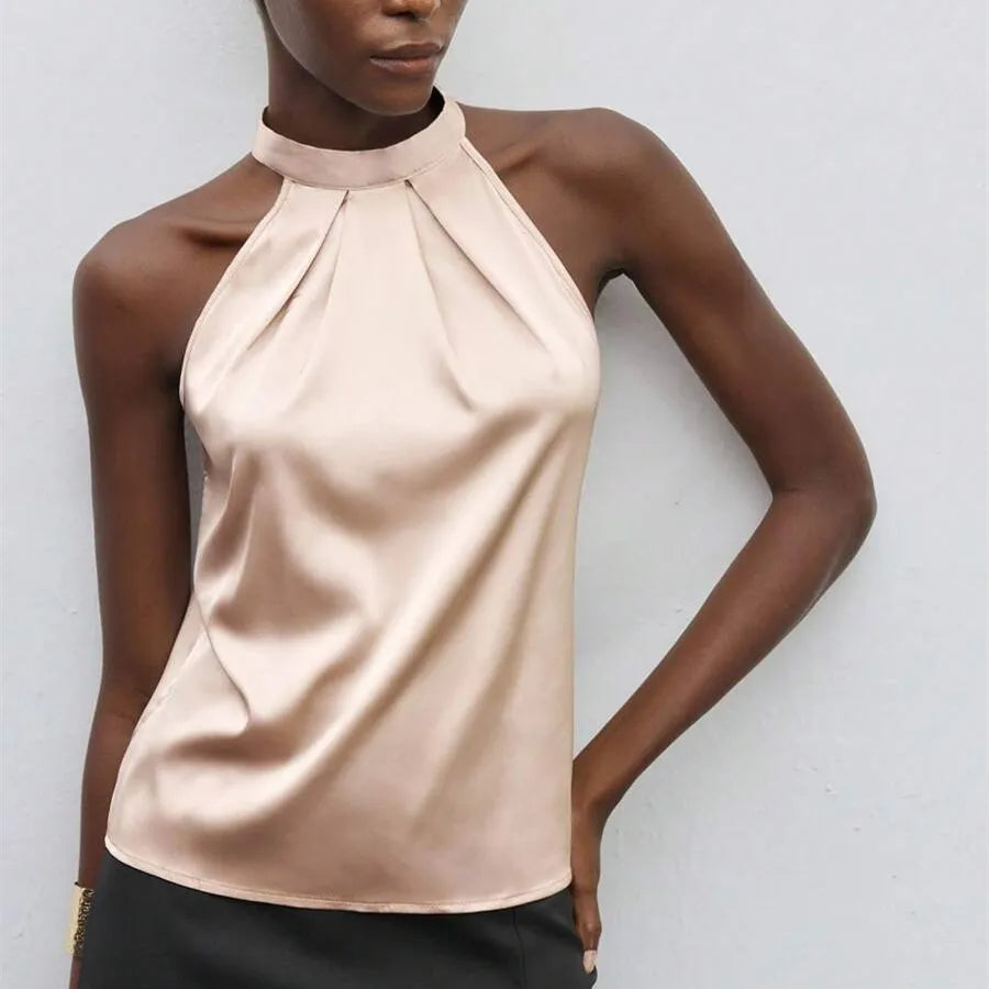 VacationGrabs Elegant Satin Halter Neck Tank Tops Women's Sleeveless Solid Color T Shirt Basic Crop Tops Fashion Summer Party Clubwear