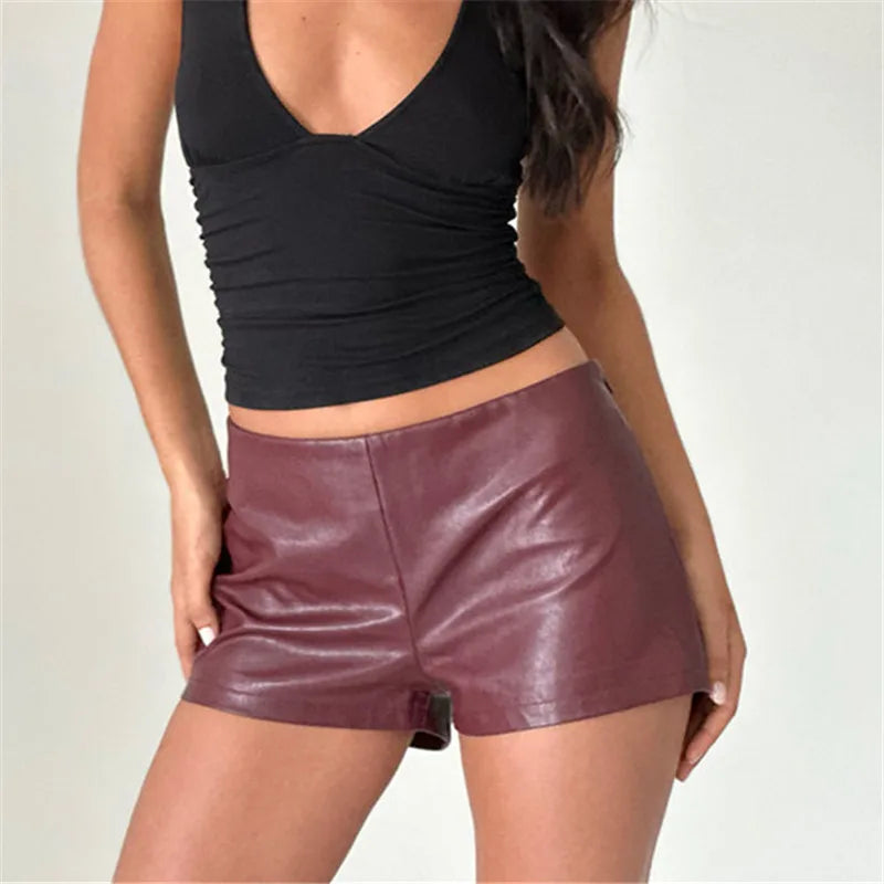 Y2K Sexy Low Rise PU Leather Mini Shorts Women Shiny Faux Leather Tight Booty Hot Pants Solid Color Night Club Street Bottom