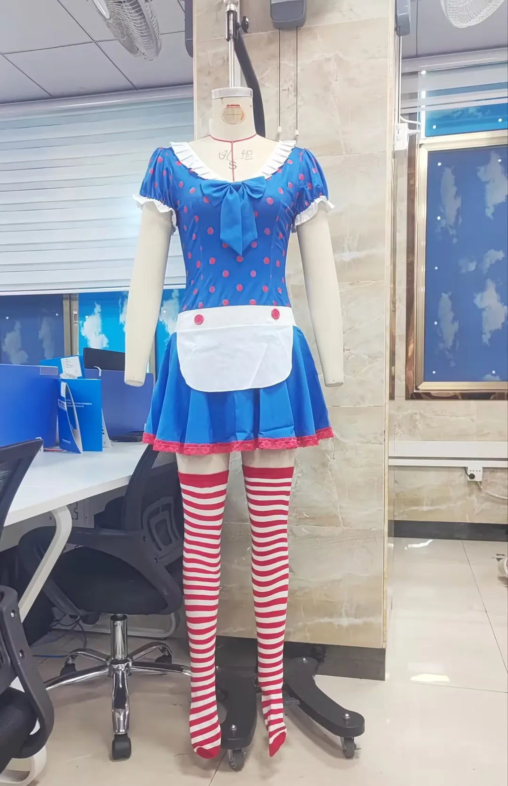 VacationGrabs Women Polka Dot Ragdoll Cosplay Outfit Short Dress with Matching Hat and Striped Stockings Halloween Party Maid Costume