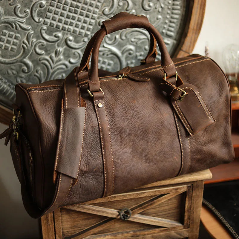 Men's Vintage Leather Duffle Bag with Shoe Compartment