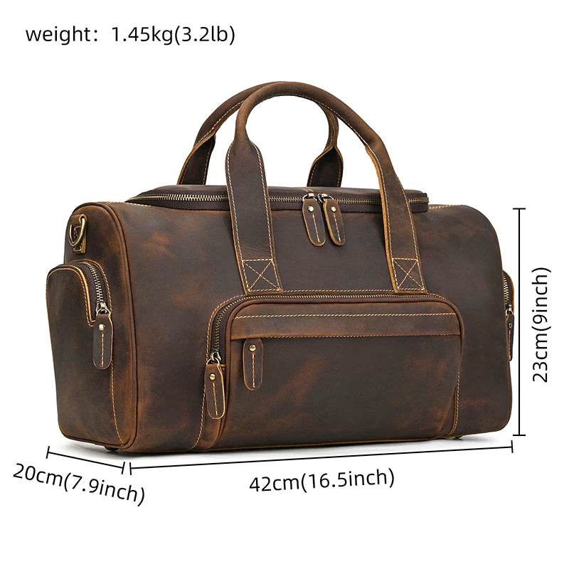 Genuine Leather Men’s Travel Bag Cowhide Shoulder Hand Luggage - VacationGrabs