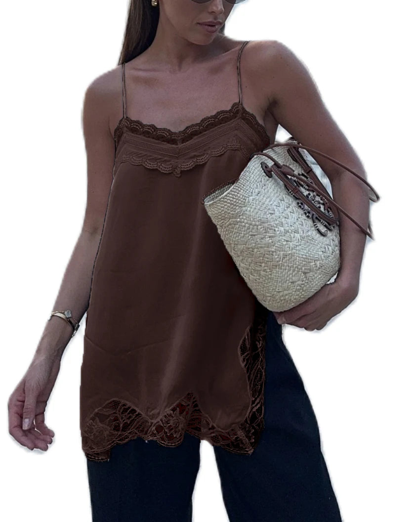 VacationGrabs Women Lace Trim Satin High Low Tops Silk Spaghetti Strap Side Split Asymmetrical Cami Top Flowy Silky Layering Tops