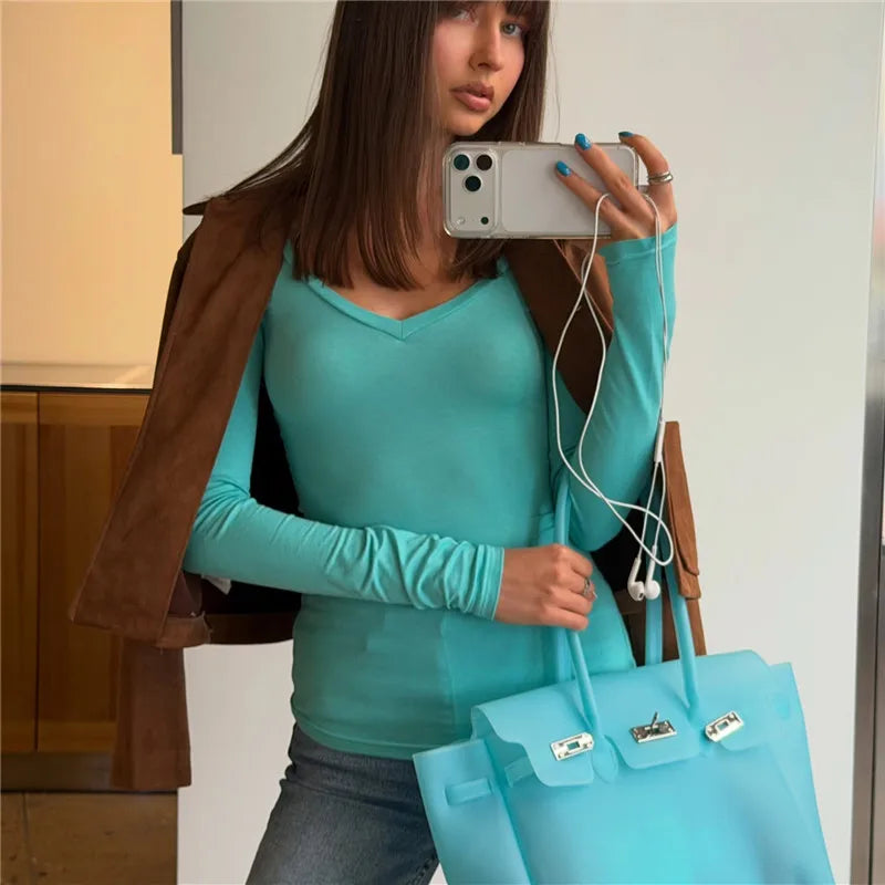 VacationGrabs Women Solid Color V Neck Long Sleeve Top Soft Modal Stretchy Slim Fitted Basic Tee Casual Daily Streetwear Blouse