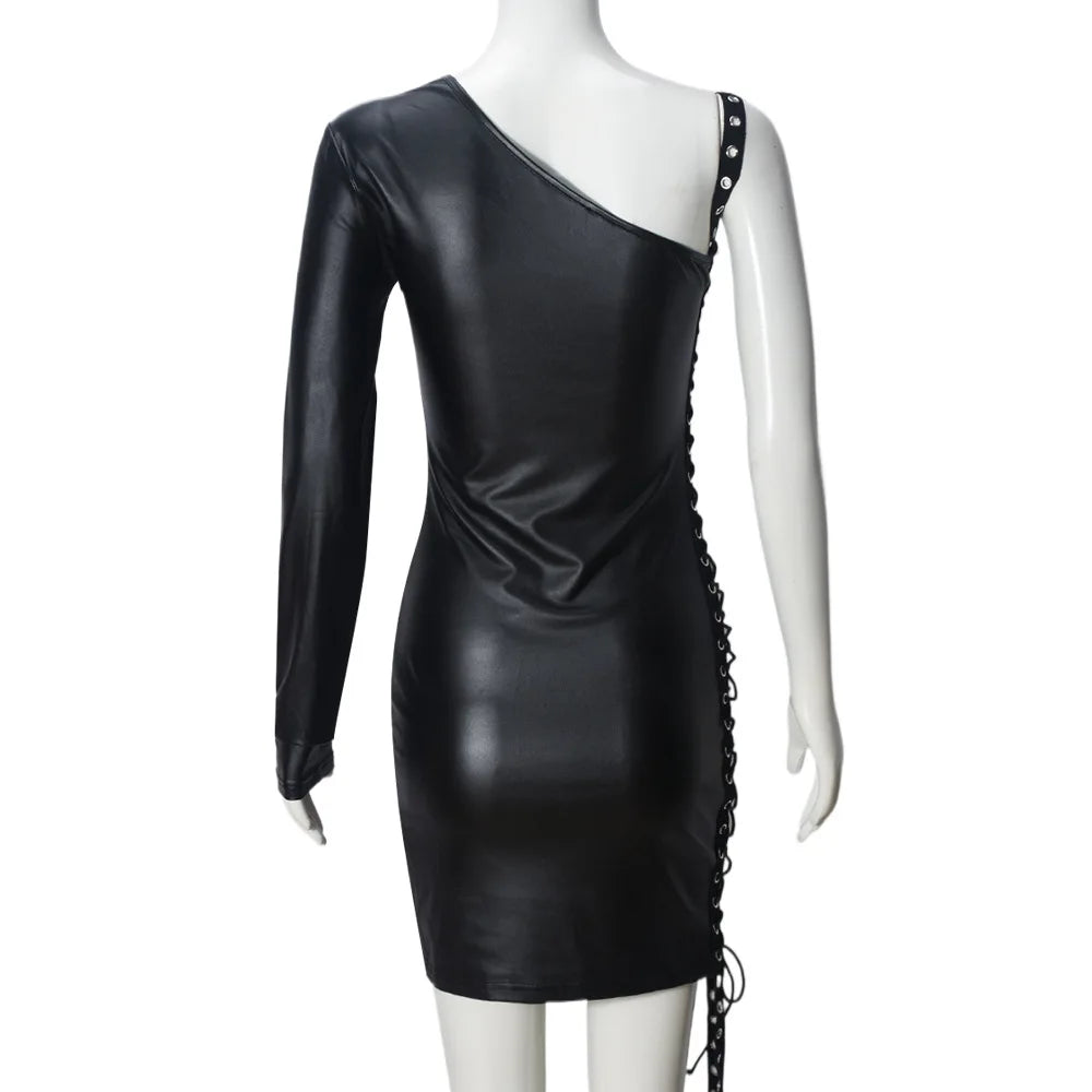 VacationGrabs Y2K Gothic One Shoulder Single Sleeve Faux Leather Dress Side Lace Up Cutout Ruched Bodycon Mini Dress Party Clubwear