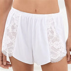 VacationGrabs Women Sexy Lace Trim Sleep Shorts Elastic Waist Satin Pajama Shorts with Floral Lace Panel for Daily Casual Loungewear