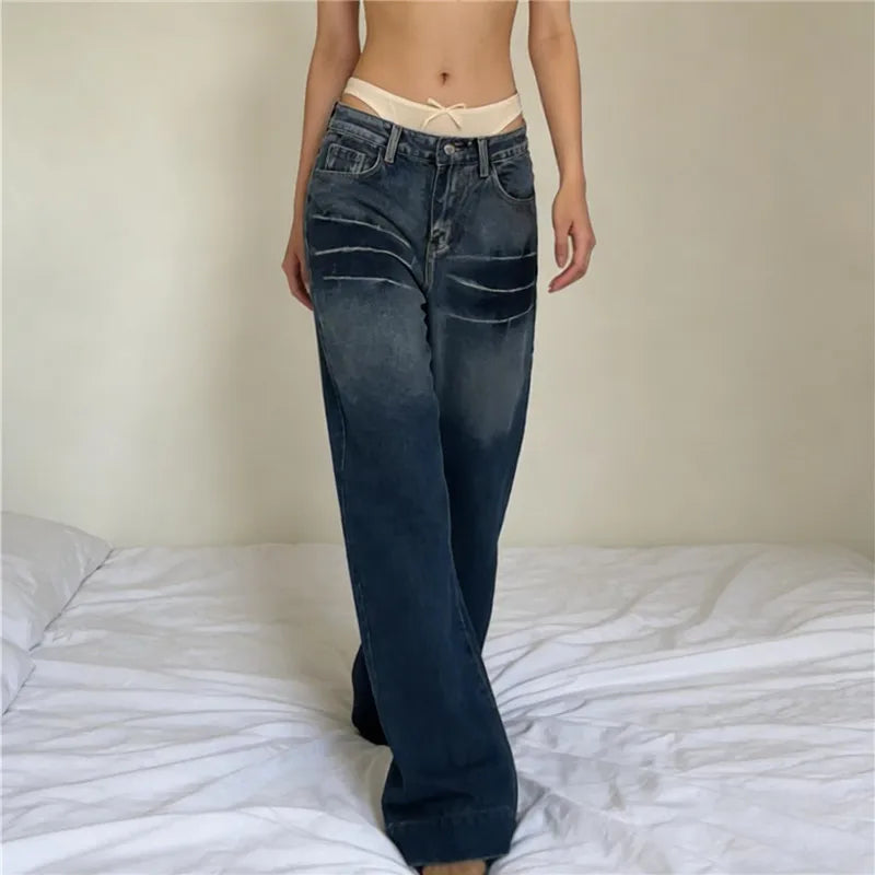 VacationGrabs Women Water Washed Denim Pants Low Rise Retro Gradient Loose Straight Leg Jeans with Pockets Vintage Streetwear