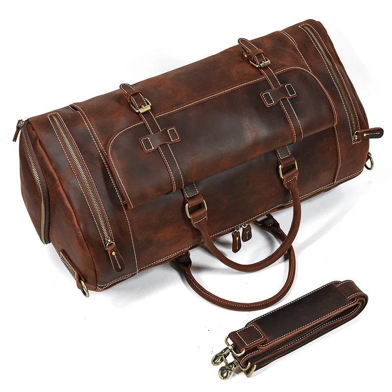 Large 58cm Genuine Leather Travel Bag Shoulder Bag with Shoe Compartment - VacationGrabs