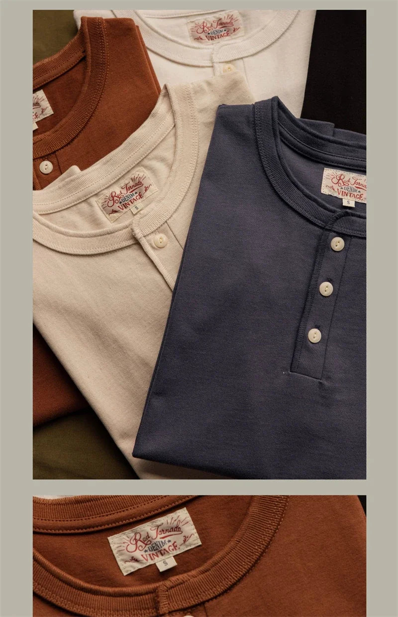 Red Tornado Short Sleeve Henley T-Shirt Heavyweight Cotton Every Day Tee Amekaji