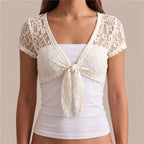VacationGrabs Y2K Women Sheer Floral Lace Shrug Short Sleeve Front Tie Knot Cropped Bolero Top Summer Beach Party Cover Up Shawl