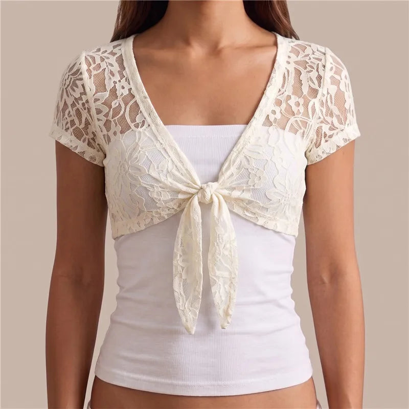 VacationGrabs Y2K Women Sheer Floral Lace Shrug Short Sleeve Front Tie Knot Cropped Bolero Top Summer Beach Party Cover Up Shawl