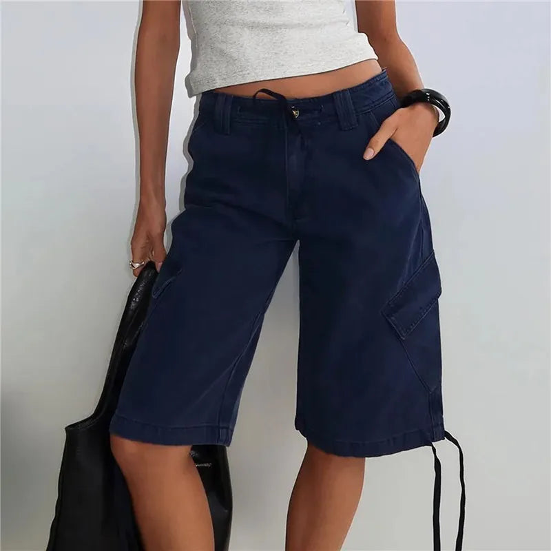 VacationGrabs Women's Y2K Low Waist Cargo Bermuda Shorts Drawstring Tie Hem Knee Length Pants with Pockets Casual Loose Fit Streetwear