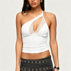 VacationGrabs Women's Asymmetrical Halter Top Lace V-Neck Cutout Sleeveless Slim Fit Y2K Cropped Camisole for Party Night Out