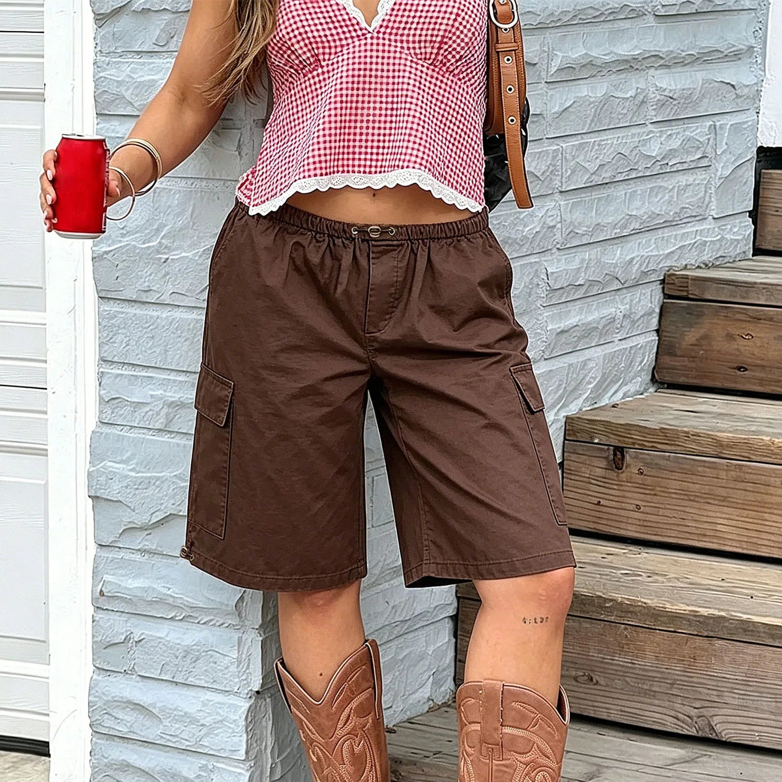 VacationGrabs Women's Knee Length Cargo Shorts Elastic Drawstring Waist Loose Fit Bermuda Capris with Pockets Casual Streetwear Summer