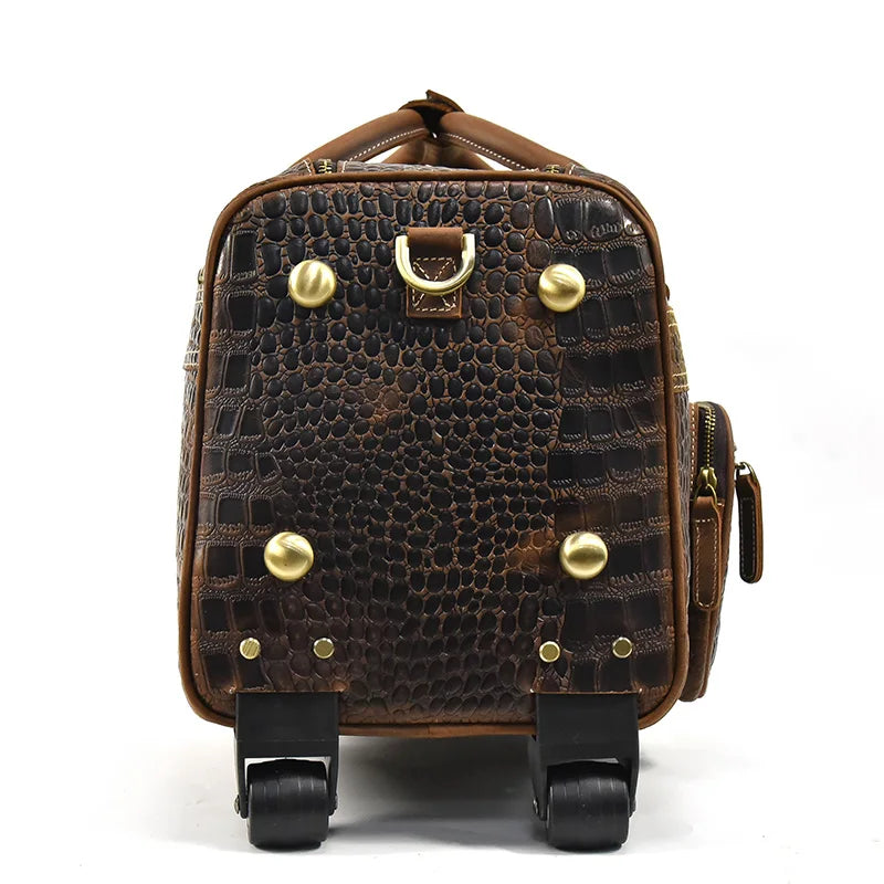 Rolling Genuine leather hand luggage travel bag with wheels