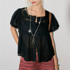 VacationGrabs Women Boho Square Neck Lace Blouse Puff Short Sleeve Button Front Pleated Loose Cropped Shirt Vintage Cottage Summer Top