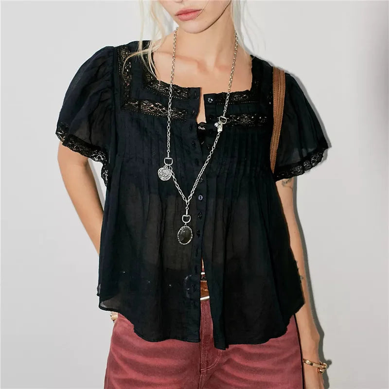 VacationGrabs Women Boho Square Neck Lace Blouse Puff Short Sleeve Button Front Pleated Loose Cropped Shirt Vintage Cottage Summer Top