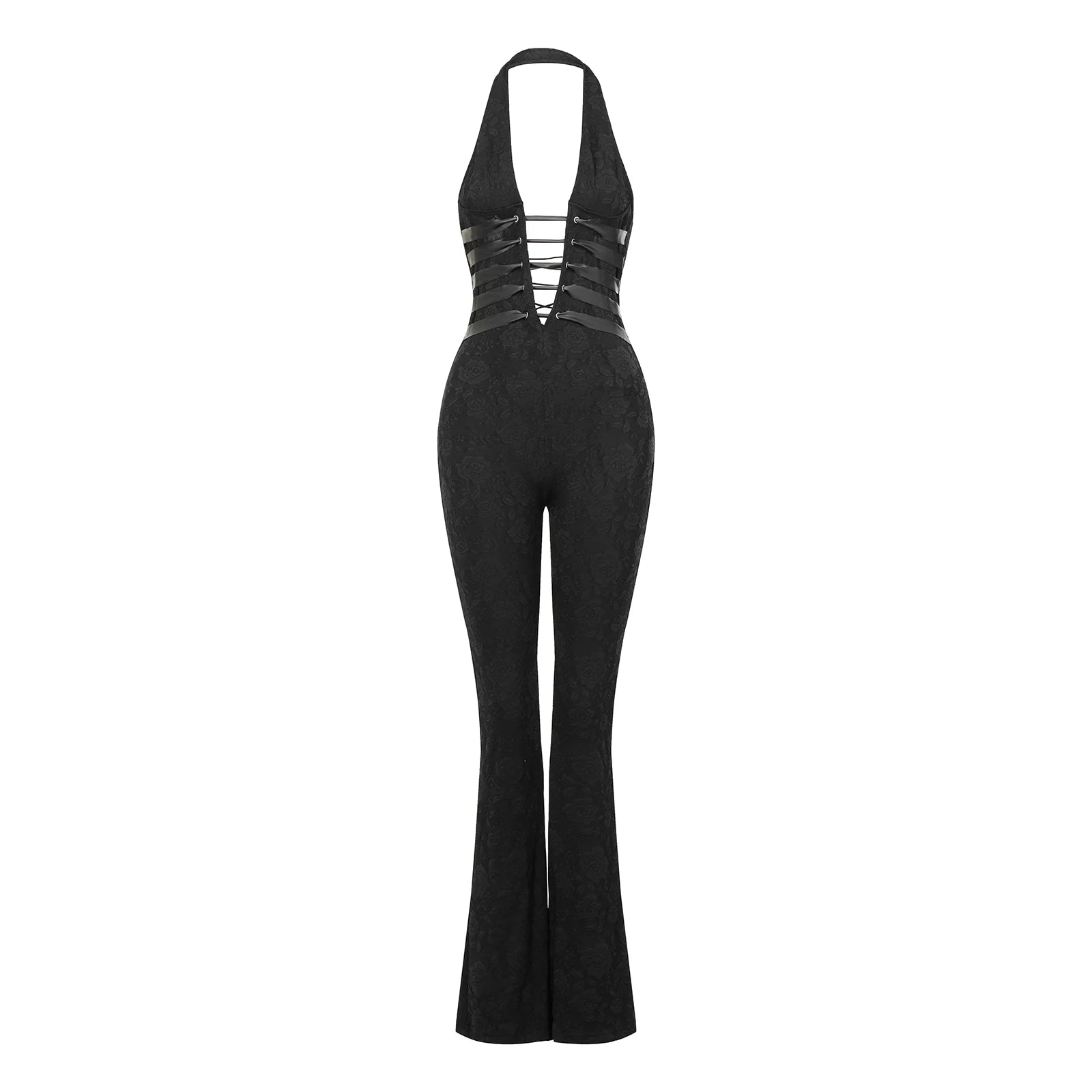 VacationGrabs Chic Women Lace Jumpsuits Halter Neck Cross Backless Sleeveless Long Rompers Summer Slim Playsuit Clubwear ropa de mujer