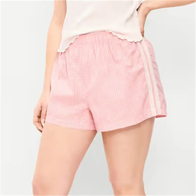 VacationGrabs Cute Women Plaid Sleep Shorts Elastic Waist Side Lace Trim Loose Casual Short Pants Summer Holiday Beach Lounge Wear