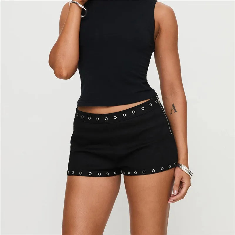 VacationGrabs Women Low Waist Studs Fold Over Micro Short Punk Y2K Casual Mini Bottoms Shorts Pj Trendy Skinny Yoga Pajamas