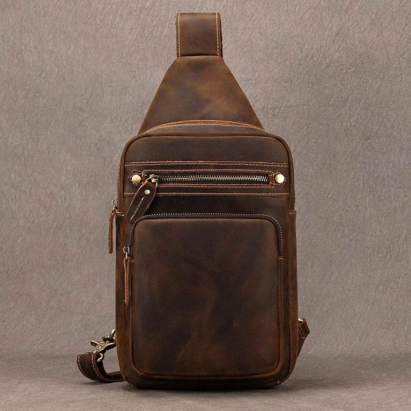 Crazy Horse Leather Men’s Chest Bag Top Layer Cowhide Sling - VacationGrabs