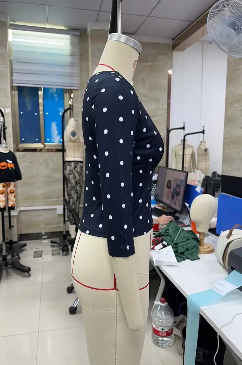 VacationGrabs Women Vintage Polka Dot Crop Top Deep V 3/4 Sleeve Wrap Bust Slim Fitted Short T Shirt Retro Casual Y2K Basic Blouse